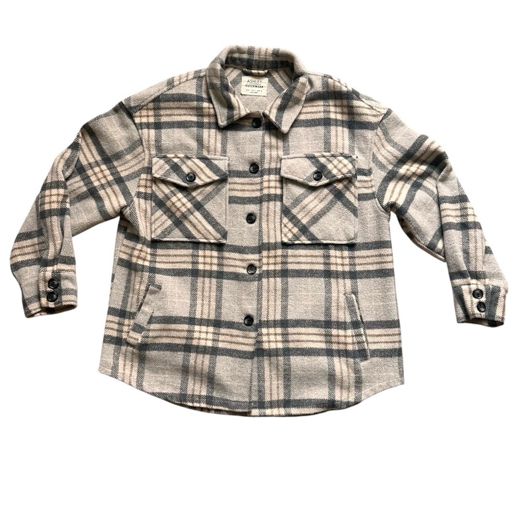 Ashley by 26 International Plaid Shacket Jacket Coat Beige Gray Wool Blend L